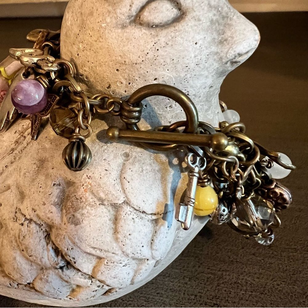 Loaded Multi-Color Charm Bracelet/beads/Brass/Silver W/Toggle - Picture 3 of 12